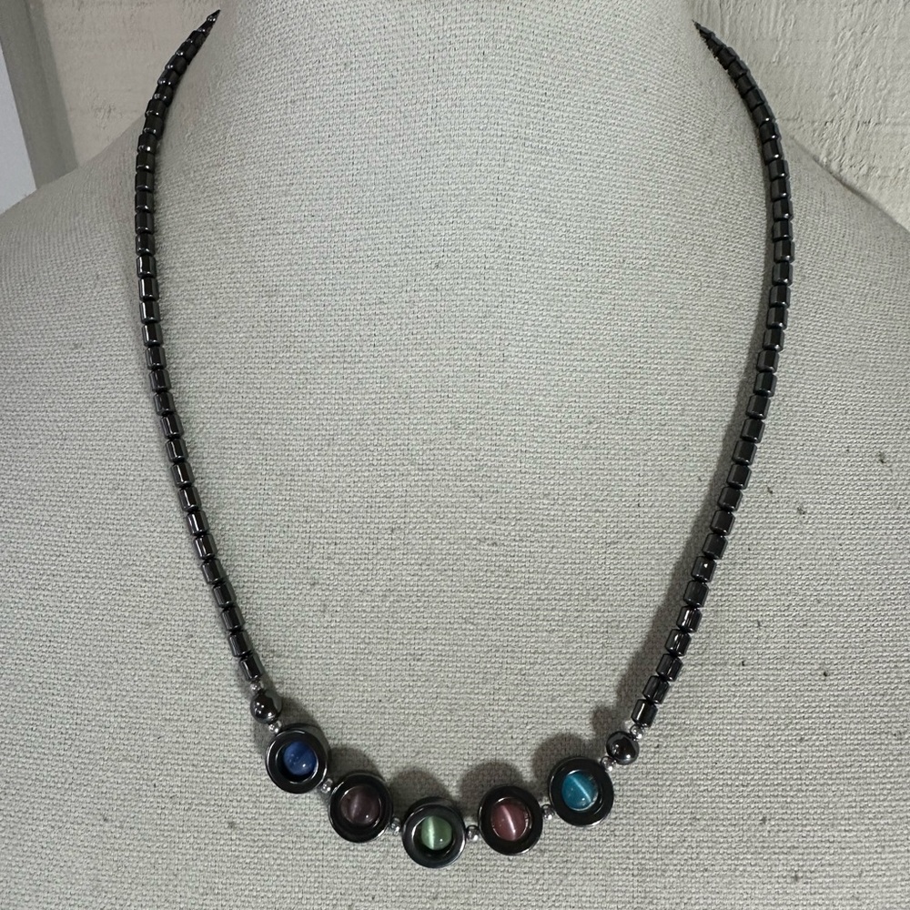 Unique hematite necklace with circles and colorful beads
